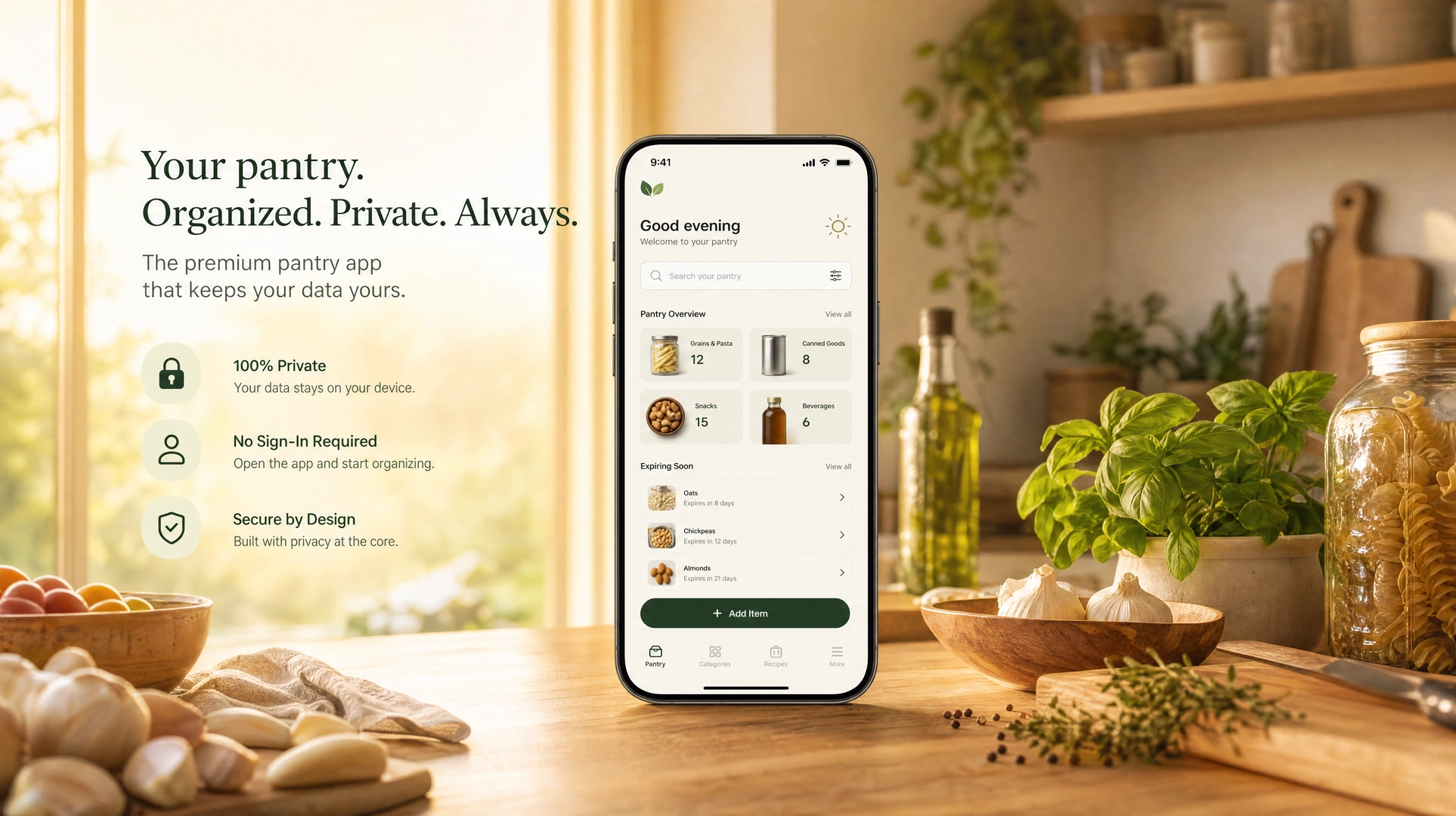 PantryPal displayed on iPhone in a sunlit kitchen