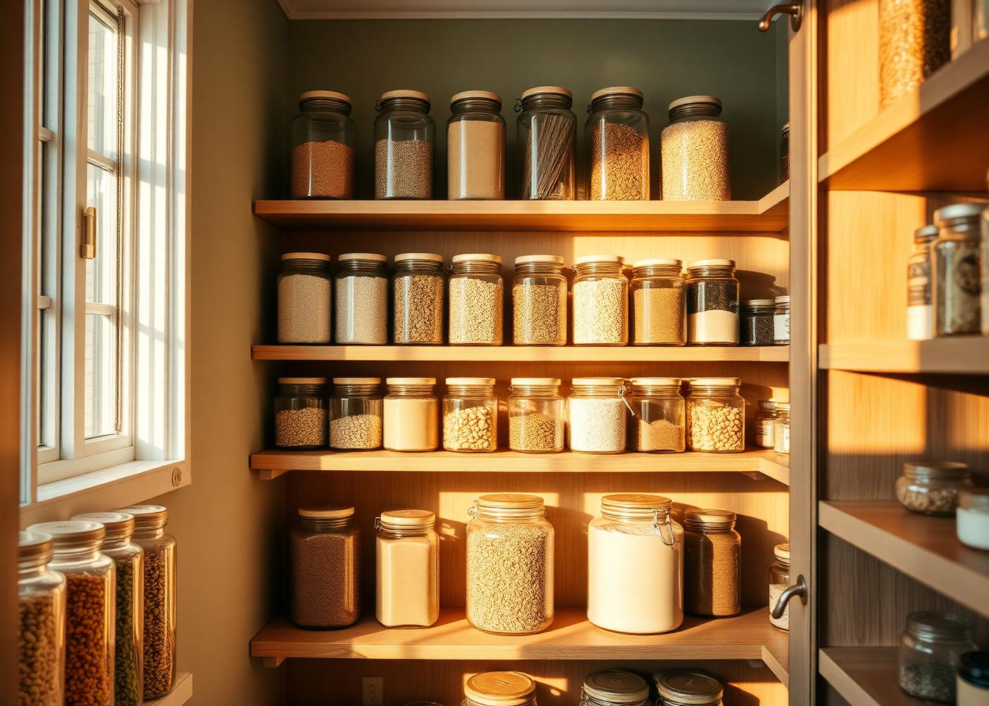 Warmly lit organized pantry with glass jars of grains and pasta